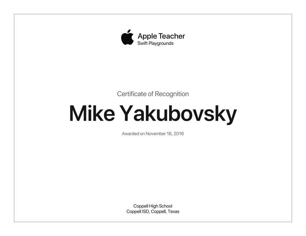 Mike's Apple Teacher with Swift Playgrounds certificate