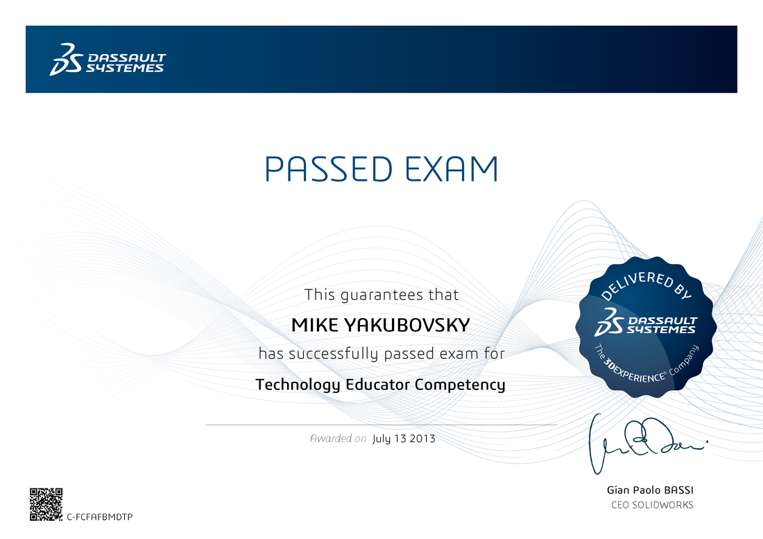 Mike's SolidWorks Technology Educator Competency certificate