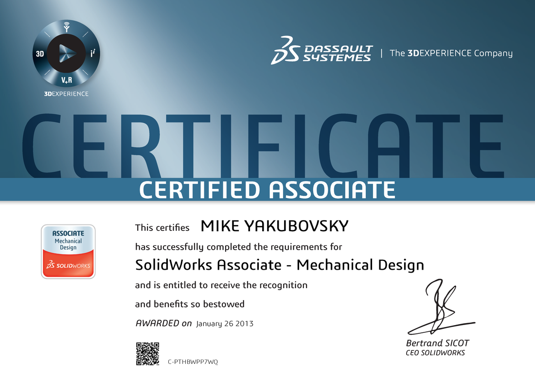 Mike's Certified SolidWorks Associate certificate