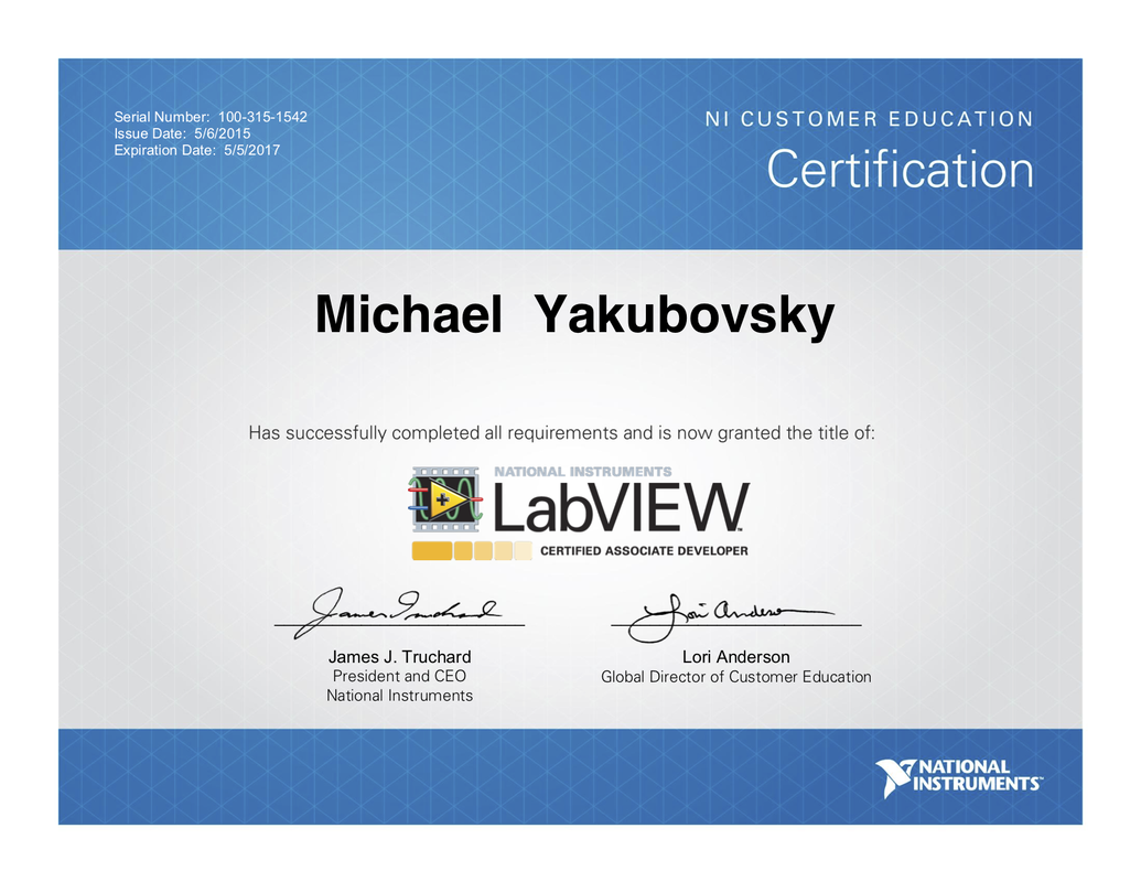 Mike's Certified LabVIEW Application Developer certificate